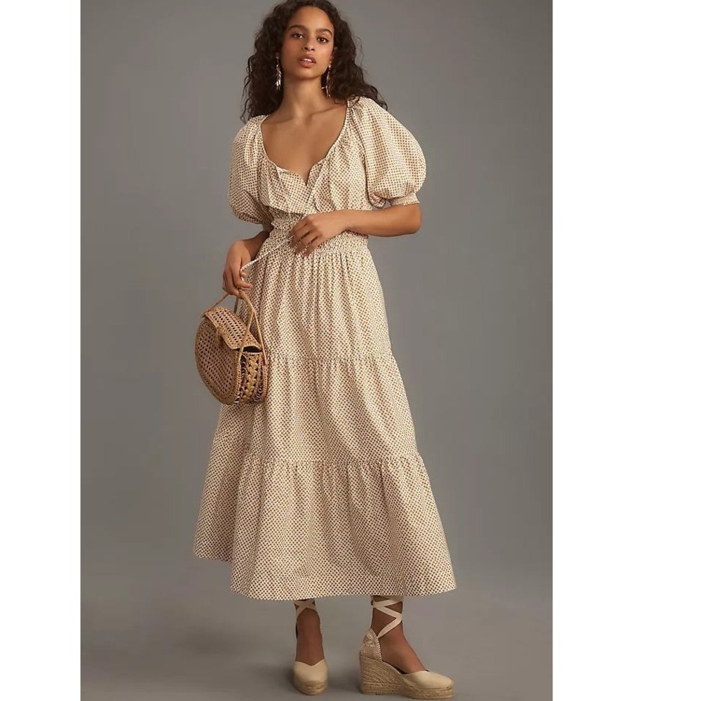 Anthropologie Somerset Maxi Dress Puff-Sleeve Small Tan Polka Dot Boho Tiered